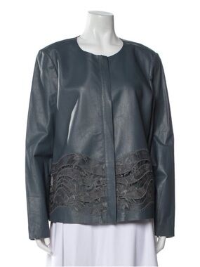 Lafayette 148 New York Slate Leather Jacket with Lace Panel